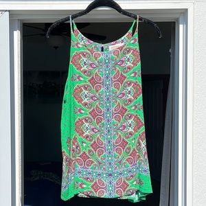 High neck tank top with keyhole cutout in back. Multicolored.